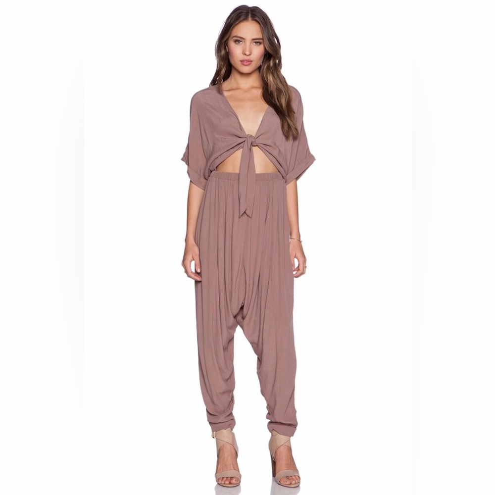 Free People Dune Mocha Crepe In A Twist Knot Harem Jumpsuit Size Small
